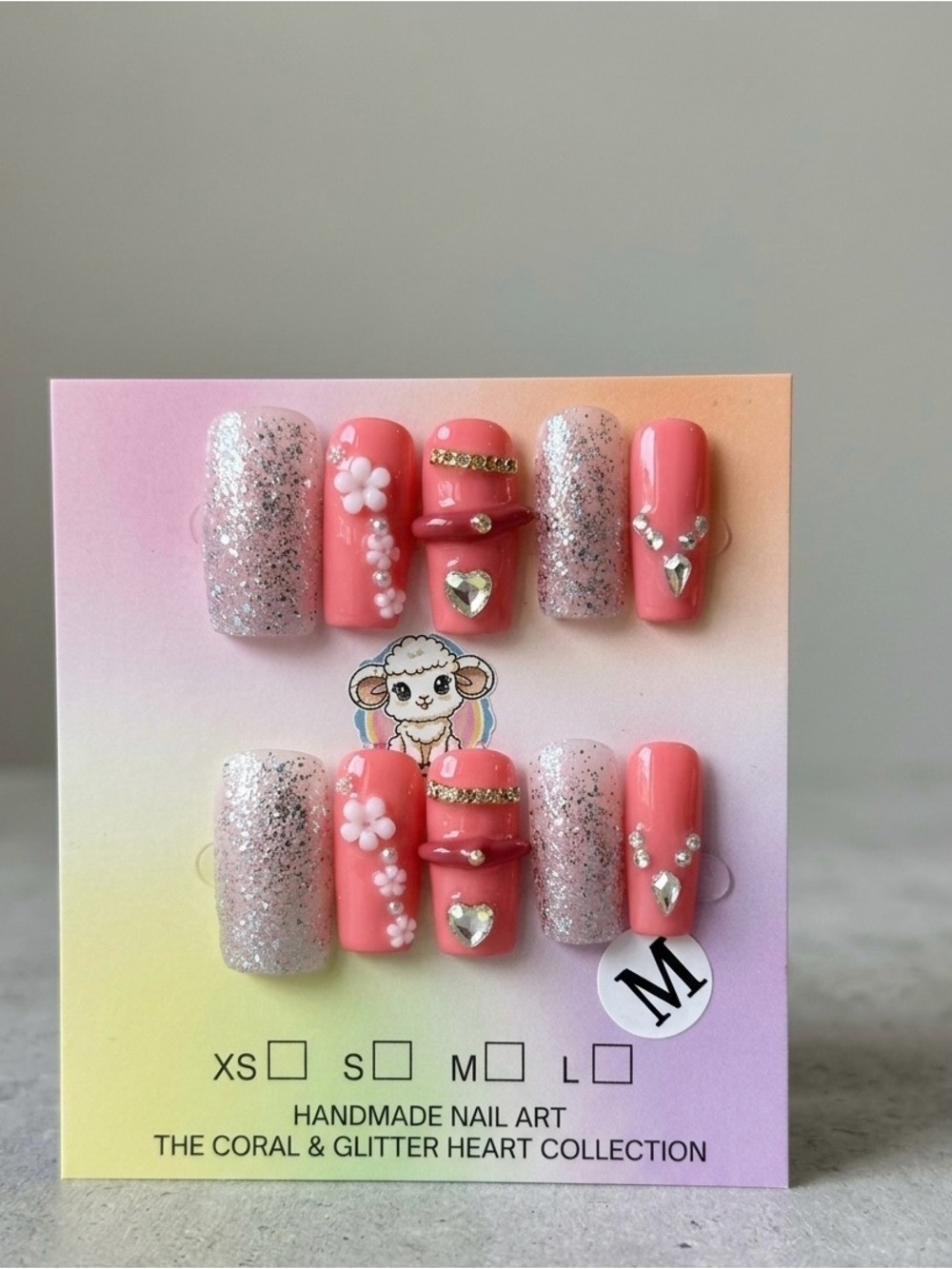 Pink Coral Glitter Press-On Nail Set with Rhinestones